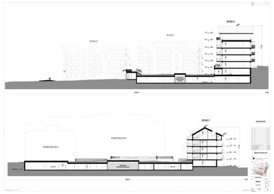 Snittegning som viser tverrsnitt av bygningene BYGG E, BYGG F og fremtidig BT2 med høydemål og romfordeling.