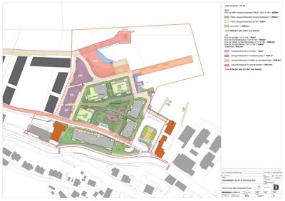 Situasjonsplan som viser tomtens utforming, bygningers plassering, beplantning og arealbruk.