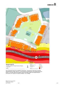 Situasjonsplan som viser beregnet støyinivå fra vegtrafikk i et delområde, med fargekoding for ulike støyverdier.