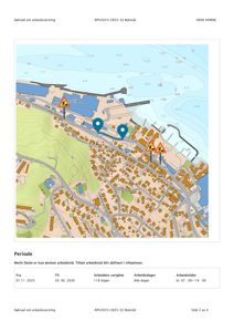 Bildet viser et kart med bygningsplassering, veier og andre geografiske elementer, som er typisk for en situasjonsplan eller et kart i en byggesak.