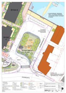 Situasjonsplan som viser bygningenes plassering i forhold til gater, veier og naboeiendommer.