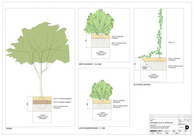 Tegning som viser detaljerte oppriss for ulike typer beplantning (trær, busker, klatreplanter) med spesifikke mål for jordlag og planter.