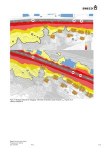 Støykart som viser beregnet støyinvervning (Lden) i området rundt en vei, med fargekoding for ulike støysoner.