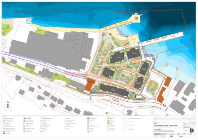 Situasjonsplan som viser bygningenes plassering i forhold til kystlinjen, veier og infrastruktur.