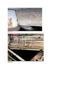 Fotografier av en brygge eller kai med betongkonstruksjoner og røyr.