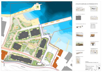 Situasjonsplan som viser tomtens beliggenhet, nabobygninger, veier og planlagt utforming av et område med lekeplass og treningsutstyr.