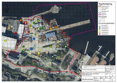 Grunnforurensning land flyfoto med overlagte kartdata og forurensningssituasjon