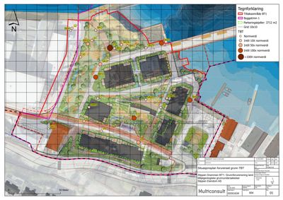 Situasjonsplan som viser tomtens grenser, byggefelt, parkeringsareal og grunnforurensning (TBT) i et område ved Drammen.