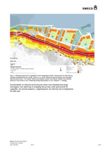 Kart som viser beregnet støyinvervning (støykart) for et mesterplanområde, med fargekoding for støyintensitet.