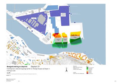 Situasjonsplan som viser støykart over et område med planlagt utbygging (Felt 14) og eksisterende bebyggelse.