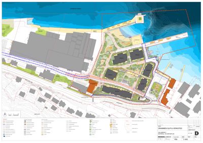 Situasjonsplan som viser tomtens beliggenhet ved Drammen havn, bygningenes plassering (B1-B5), infrastruktur og omgivende terreng.