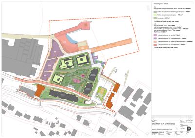 Situasjonsplan som viser tomtens utforming, bygningers plassering, veier og arealbruk.