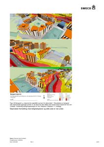 3D-visualisering av et bygningsområde med fargekoding for støy og vindforhold.
