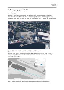 Bildet viser en kombinasjon av et skråfoto av et område og en digital høydemodel (DGM) med konturlinjer og bygningssilhuetter, som illustrerer terrenget.