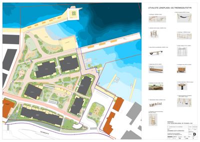 Situasjonsplan som viser tomtens utforming, bygningers plassering, veier og anlegg.