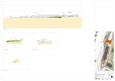 Snittegning som viser høydeprofil og terrengforhold langs en vei.