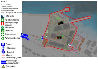 Riggeplan som viser tomtens grenser, infrastruktur, nødsted og anleggsplasseringer.