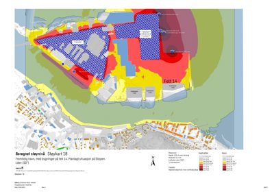 Et støykart som viser beregnet støynivå i et område med planlagt havneutvikling på Lørenvika/Slipten. Kartet inkluderer også informasjon om høydeforskjeller og havndybde.