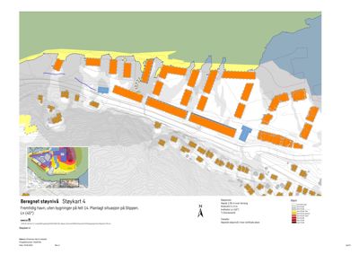 Et situasjonskart som viser beregnet støynivå (støykart) for et område på Sluppen, med overlappende planlagte bygninger.