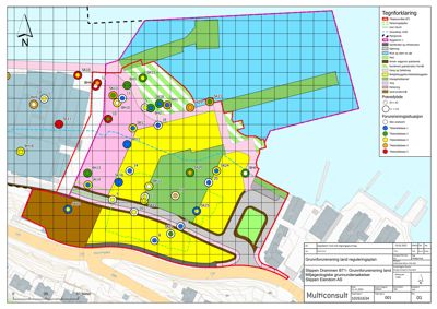 Situasjonsplan som viser forurensningssituasjon og grunnforurensning på et område, med fargekoding for ulike forurensningsklasser.