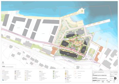Situasjonsplan som viser bygningenes plassering i forhold til kystlinje, veier og nabolag.