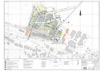 Situasjonsplan som viser tomtens grenser, eksisterende og planlagt bebyggelse, vegnett og infrastruktur.