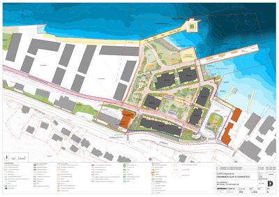 Situasjonsplan som viser tomtens beliggenhet, omgivende infrastruktur, vannkropp og planlagt bebyggelse.