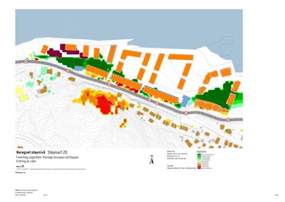 Støykart som viser beregnet støynivå for fremtidig vegtrafikk i Slippen.