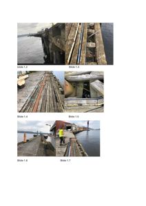 En samling fotografier (Bilde 1.2 - Bilde 1.7) som viser detaljer og helhetsbilder av en gammel, utslitt trebro eller kai ved vannet.