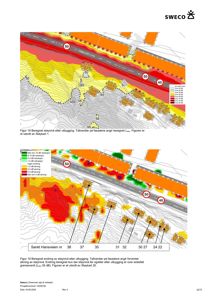 Kart som viser beregnet støyinverknad (Lden) fra en utbygging, med fargekoding for ulike støyverdier og topografi.