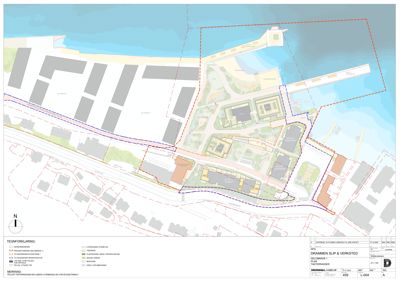 Situasjonsplan som viser bygningenes plassering i forhold til hverandre og til omgivelsene, inkludert vann og infrastruktur.