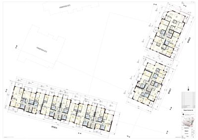Etasjeplan med romfordeling og mål for flere bygninger (BY202 A, E, F).