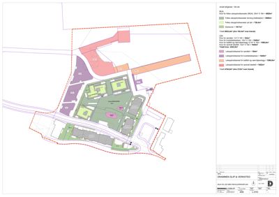 Situasjonsplan som viser tomtens grenser, bygningers plassering og arealoppdelinger.