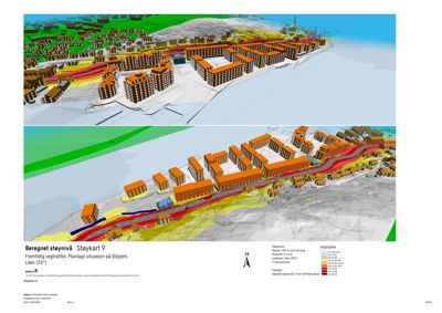 3D-visualisering av et planlagt boligområde med støykartlegging (støysoner) overlagt.
