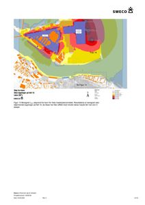 Kart som viser støykartlegging (Lden) for et område, med fargekoding for støyintensitet og bygningsfotavtrykk.