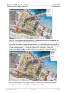 Kart som viser forurensningssituasjonen (THC og TBT konsentrasjoner) på en tomt, basert på prøvedybde og normverdier.
