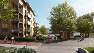 3D-visualisering av et planlagt boligområde med trær, bebyggelse og mennesker.