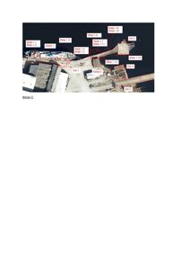 Luftfoto av et industriområde med kai og bygninger, merket med referanser til andre bilder.