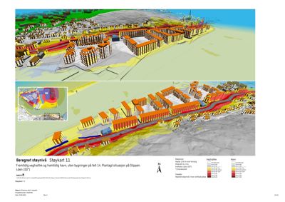 Støykart som viser beregnet støy fra fremtidig vegtrafikk og havn i en planlagt situasjon på Sløppen. Kartet inneholder 3D-modellering av bygninger og fargekoding for støysoner.