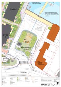Situasjonsplan for Peter Høegs plass som viser bygningers plassering, veier, parkeringsplasser og omgivelsene.