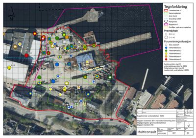 Et flyfoto eller kart over et industriområde med overlagte tegninger som viser forurensningssituasjon, prøvetakingspunkter og bygninger.