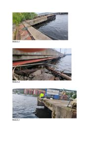 Fotografier av en betongbrygge ved vannet, inkludert detaljer av konstruksjonen og tilstanden.