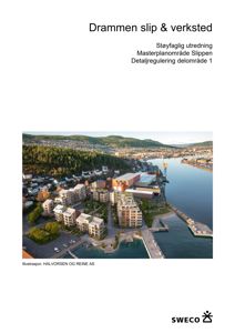 3D-visualisering eller illustrasjon av et planlagt byområde ved Drammensfjorden, inkludert nye boliger og eksisterende industribygninger.