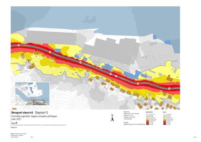 Et støykart som viser beregnet støy fra fremtidig vegtrafikk i Slippen, med fargekoding for støysoner.