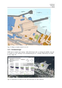 Bildet viser en situasjonsplan (borplan) med bygningsplassering, samt en skjermdump fra InSAR som viser målt deformasjon i området.