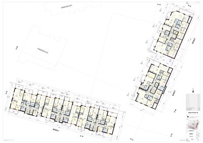 Etasjeplan med romfordeling og mål for flere bygninger (BY200 A, BY200 E, BY200 F).