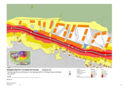 Støykart som viser beregnet støyhøyde i et område med planlagt bebyggelse.