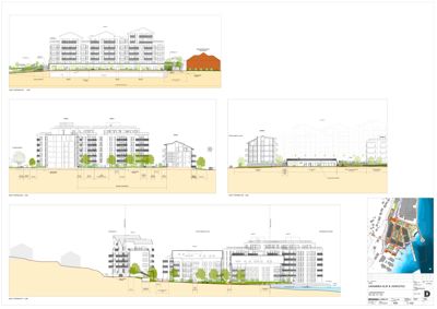 Bildet viser fasadetegninger (opprikk) av flere bygninger sett fra ulike vinkler, inkludert et situasjonskart i nederste høyre hjørne.