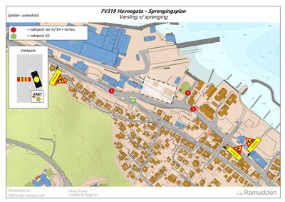 Kart som viser en situasjonsplan for en sprengningsplan (FV319 Havnegata) med vaktposter og veisystem.