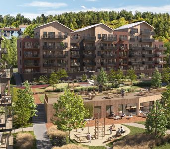 3D-visualisering av et planlagt boligkompleks med omgivelser